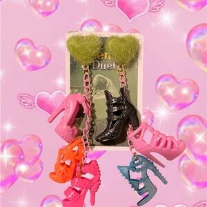 Novelty High Heel Shoe Charm Earrings with Fuzzy Green Studs